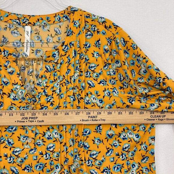 NY Collection XL Yellow Ditsy Floral Pintuck Rolled Sleeve Stretch Popover Top - Picture 6 of 9